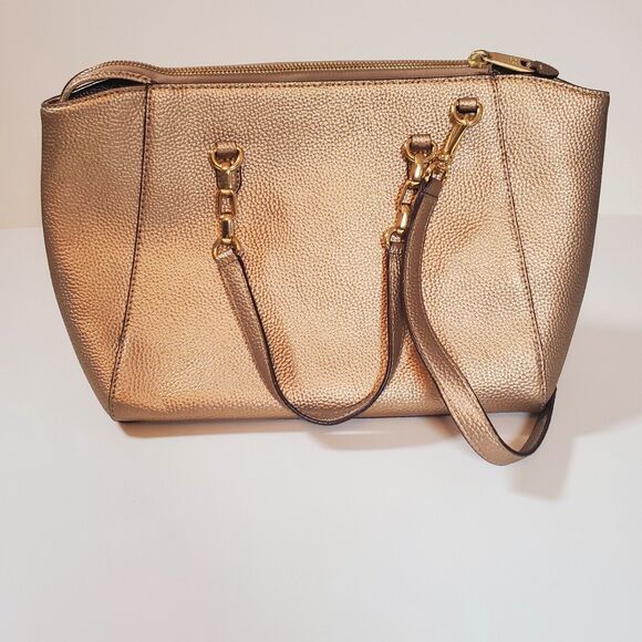 Ralph Lauren Gold Leather Bag Double Handle Medium Satchel Shoulder Strap - Picture 3 of 14